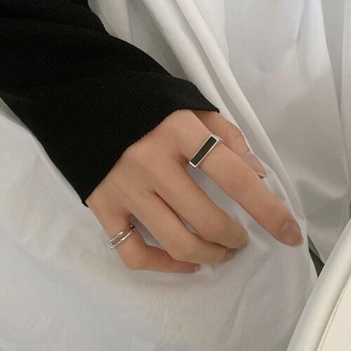 ModaOne Black Cool Rectangular Geometric Adjustable Thai Silver Color Rings For Women Mens Finger Simple Punk Fashion Jewelry