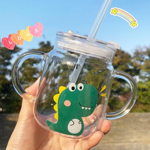 Cartoon Childrens Milk Binaural Borosilicate Glass Cup Japanese Style Creative Straw Cup Microwave Heating with Scale