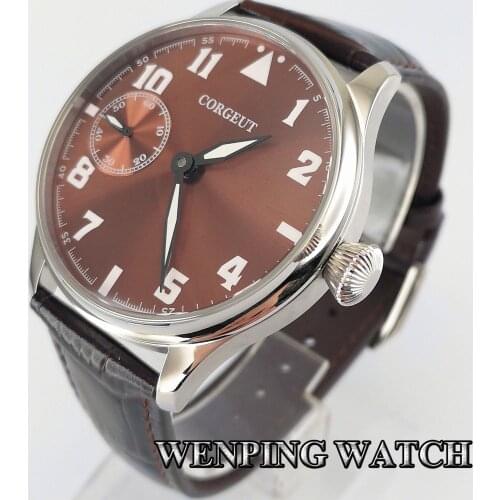 Corgeut 44mm mens mechanical watches silver case coffee dial green luminous leather 6497 hand winding mens watch