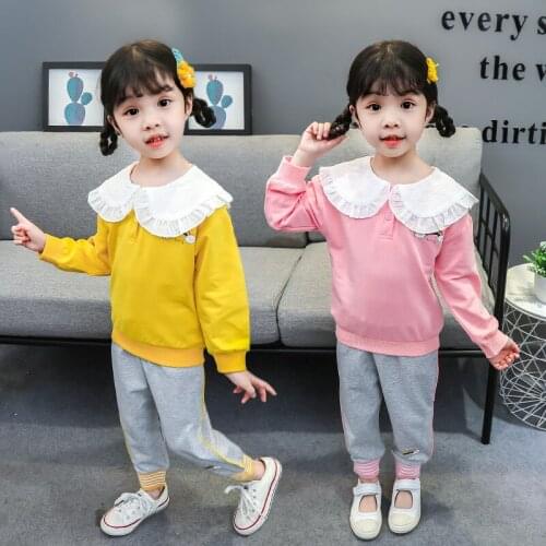 1-5 year old girl clothes spring autumn two-piece big lapel sweatshirt T-shirt + pants fashion new Korean quality child clothing