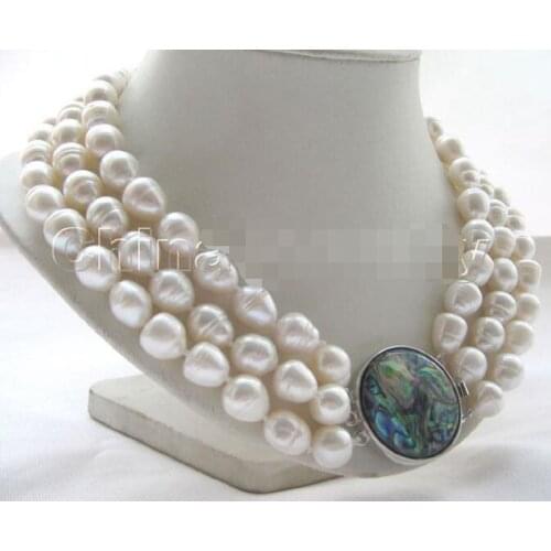 - 3row 17-19"9-10mm white baroque freshwater pearl necklace -abalone shell
