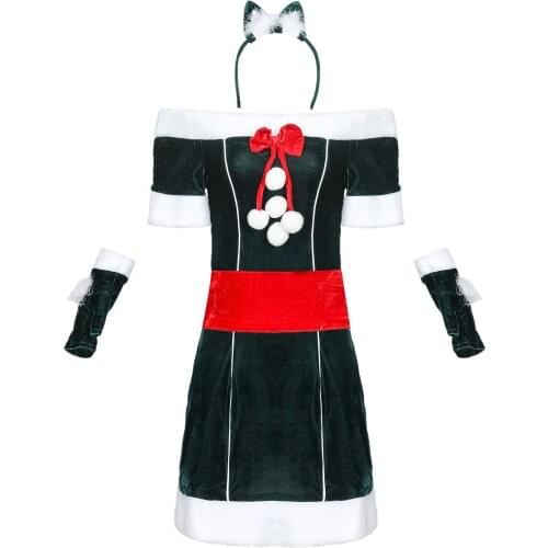 Christmas Cat Princess Costumes Santa Xmas Cosplay New Year Carnival Festival Women Red Green Thick Flannel Fancy Dress Outfit