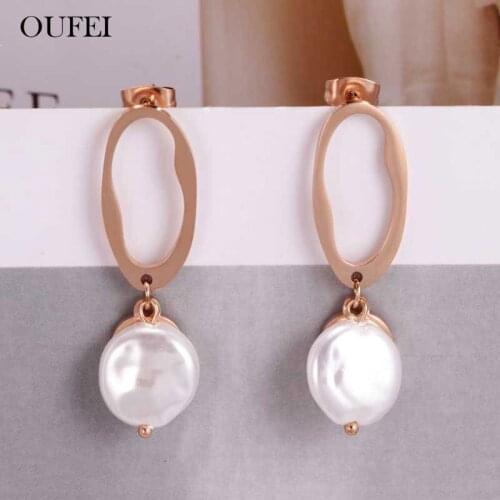 OUFEI Rose Gold Pearl Geometric Drop Earrings For Women Stainless Steel Earrings 2019 Fashion Jewelry Accessories Free Shipping