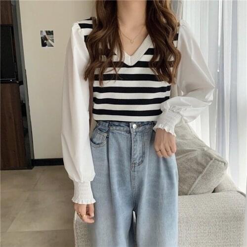 Autumn New Korean Knitted Stitching Bubble Long Sleeve Sweater Womens Sweet Casual Top