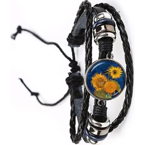 Van Gogh Oil Painting Leather Bracelet Women Fashion 20mm Glass Cabochon Bangle Starry Night Sunflower Jewelry Women Men Gifts