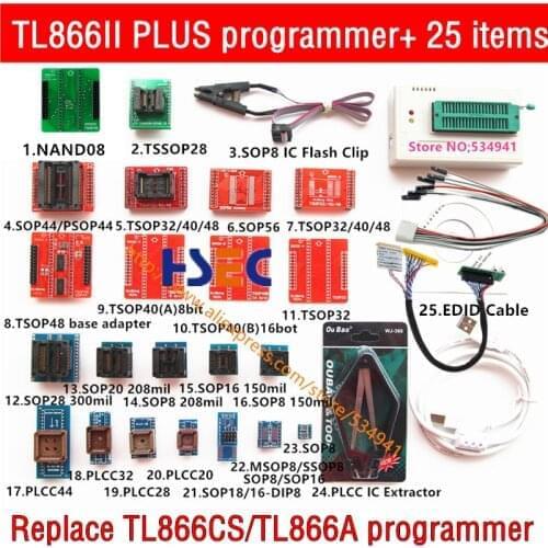 XGecu TL866II PLUS universal programmer+25 adapters+NAND TSOP48 adapter+SOP8 test clip minipro TL866CS TL866A EPROM TL866 flash