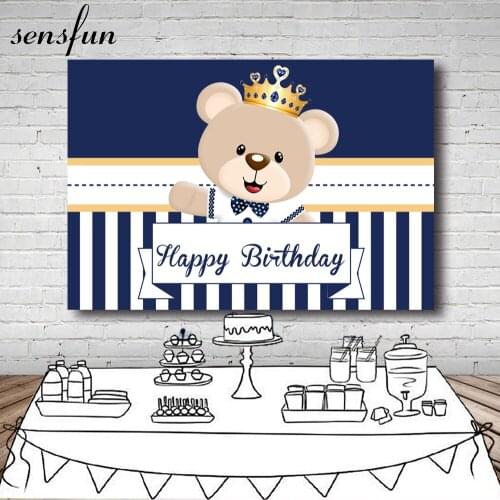 Sensfun Bear Baby Shower Newborn Backdrops For Photo Studio Dark Blue Boys 1st Birthday Party Photography Backgrounds