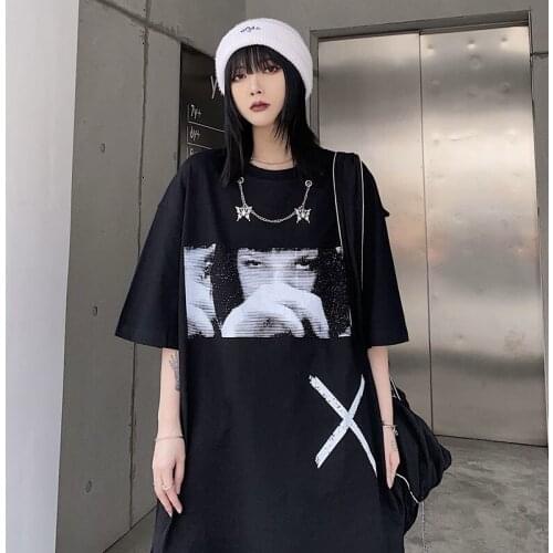 2021 new style summer trend blouse women Korean version of the American printing loose black short-sleeved mid-length t-shirt
