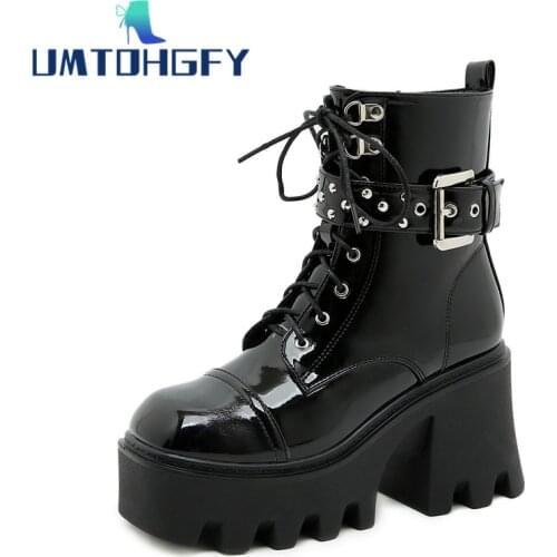 Brand New Sexy Chain Women Leather Autumn Boots Block Heel Gothic Black Punk Style Platform Shoes Female Footwear High Quality