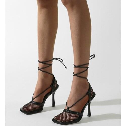 New Summer Autumn Women Pumps Elegant Square Toe Mesh High Heels Lace Up Gladiator Sandals Fashion Sexy Women Party Shoes 2021