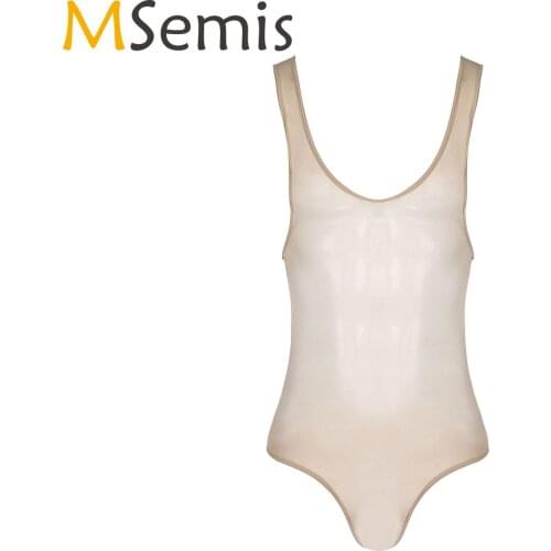 Women/Men Glossy Bodysuit Sexy See-through Sleeveless Teddies Bulge Pouch Leotard Underwear Exotic Apparel Lingerie Suit