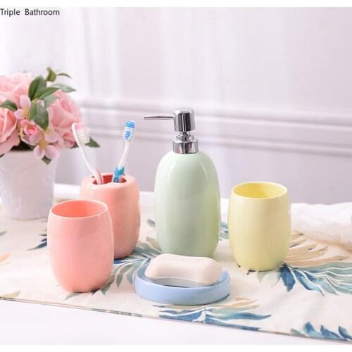 1 Set European Style Solid Color Ceramic Lotion Bottle Soap Box Toothbrush Holder Gargle Cup Bathroom Accessories Five Piece Set