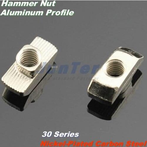 100pcs/lot M3 M4 M5 M6 Nickel Plated Carbon Steel Hammer Nut Aluminum Connector T Fastener Sliding Nut For 3030 Aluminum Profile