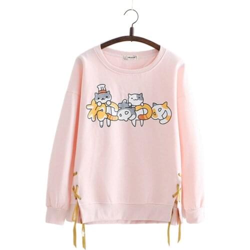 2020 Spring Fashion Cute Cartoon Cat Print Hoodie Woman Sweet Style Casual Loose Cotton Pullover Hoodies