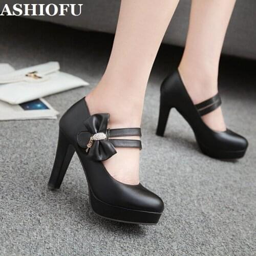 ASHIOFU New Hot Sale Ladies 10cm High Heel Pumps Bowties Crystals Party Prom Platform Shoes Mary Janes Fashion Court Pumps Shoes