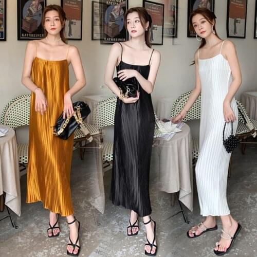 Satin Maxi Dress Straight Long Pleated Dress Spaghetti Strap Solid Color Sexy Dresses Vestidos Streetwear Beach Outfits