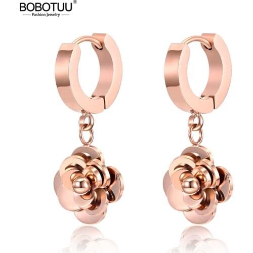 BOBOTUU Delicate Cute FLOWER Stainless Steel Hoop Earring For Women Girl Birthday Gift Trendy Female Party Ear Jewelry BE18474