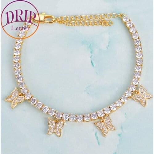 With Gold Color Butterfly Pendant 4mm Tennis Chain Bracelet Men Women Hip Hop Adjustable Link Plated Jewelry