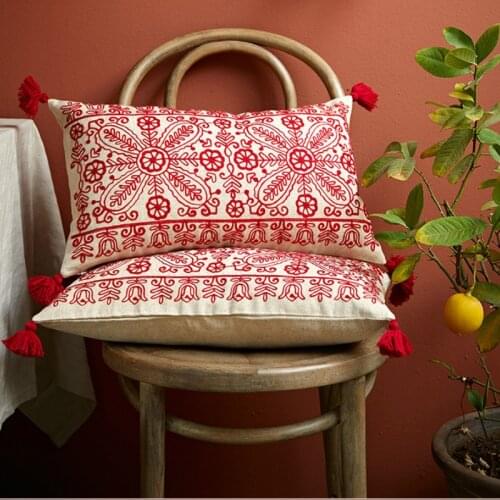 DUNXDECO Cushion Cover Waist Pillow Case Nordic Classical Red Flora Cotton Thread Embroidery Art Coussin Bedding Chair Cushion