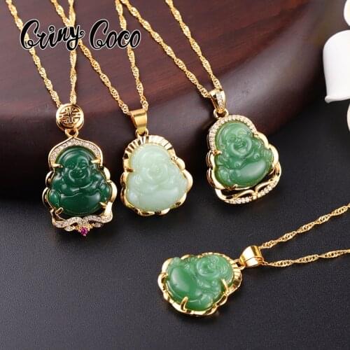 Cring Coco Buddha Pendant Necklaces Baby 24k Gold Natural Stone Amulet Chinese Style Maitreya Necklace Jewelry for Women 2021