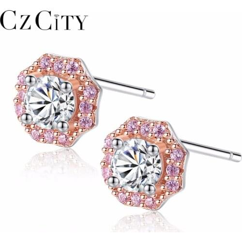 CZCITY Authentic 925Sterling Silver Sweet Pink Zircon Stud Flower Earrings for Women Sterling-Silver-Jewelry White & Gold Plated