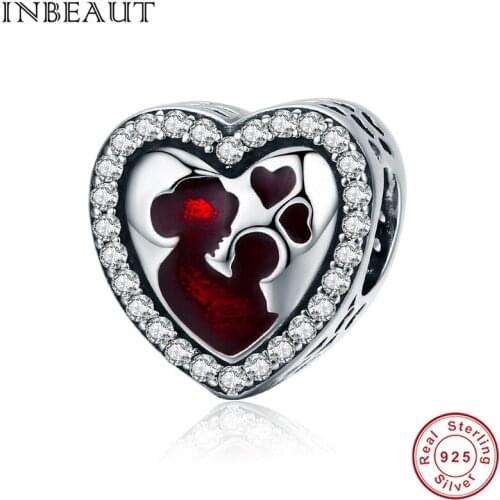 INBEAUT Mothers Day 100% Real 925 Sterling Silver Mom Hold A Baby Zircon Heart Shaped Charm Beads fit Brand Bracelet