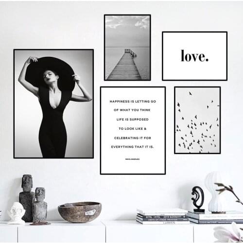 Quote Canvas Painting Nordic Girl Poster Landscape Scenery Art Wall Print Scandinavian Black White Wooden Bridge Picture HD0017