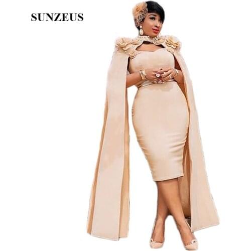 Champagne/White Cocktail Dresses Knee Length Sheath African Women Night Party Gowns wih Wraps Beaded Handmade Flowers Prom Gowns