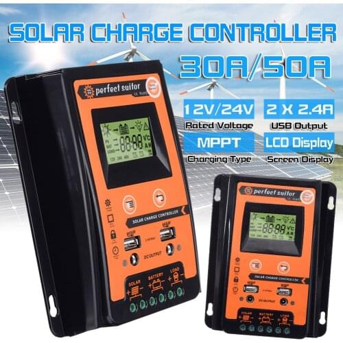 MPPT Solar Charge Controller 12V 24V 30A 50A Auto Solar Controllers LCD Dual USB Solar Panel Battery Regulator 5V LCD Display