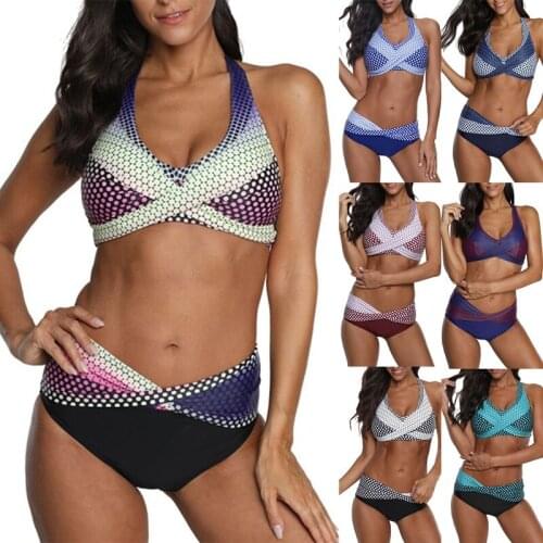 Hot kf-Womens Fashion Sexy Gathered Bikini 2-Piece Halter Split Swimsuit