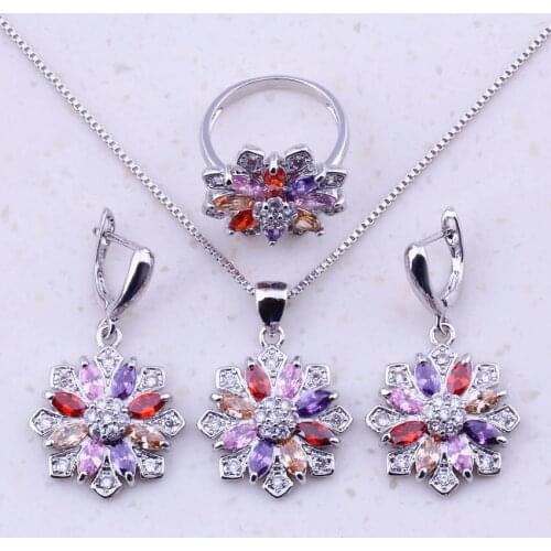 Multicolor Imitation Multigem 925 Sterling Silver Jewelry Sets For Women Trendy Jewelry Earrings/Ring/Pendants/Necklace J0072