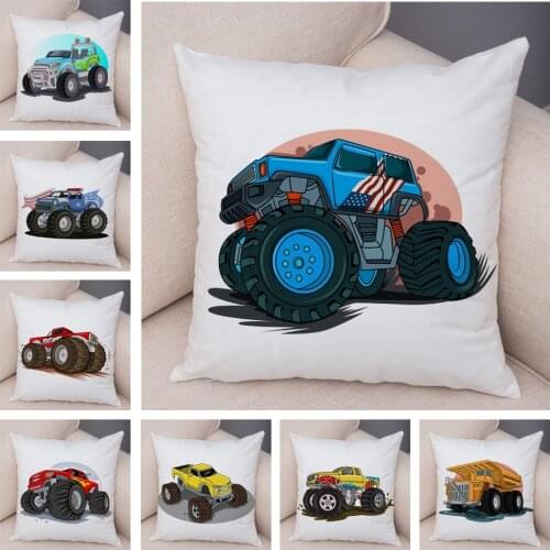 Cartoon Monster Truck Pillow Case Decor Car Print Pillowcase Super Soft Plush Cushion Cover for Sofa Home Children Room 45x45cm