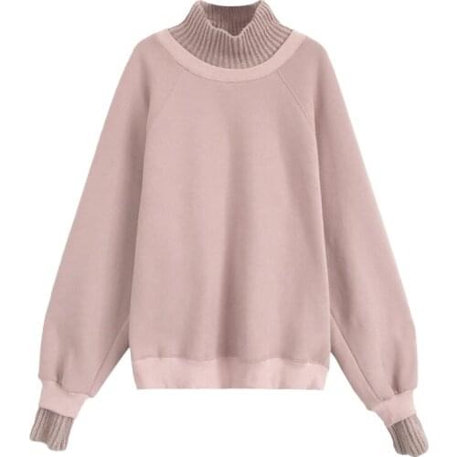 PERHAPS U Women Sweatshirts Black Green Pink Stand Collar Loose Pullovers Casual Autumn Winter Solid Puff Sleeve H0086