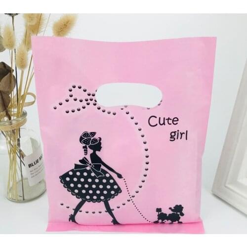 100pcs 20X25CM Girl Dog Pink Black Plastic Gift Bag Favor Jewelry Boutique Gift Packaging Plastic Shopping Bags With Handle