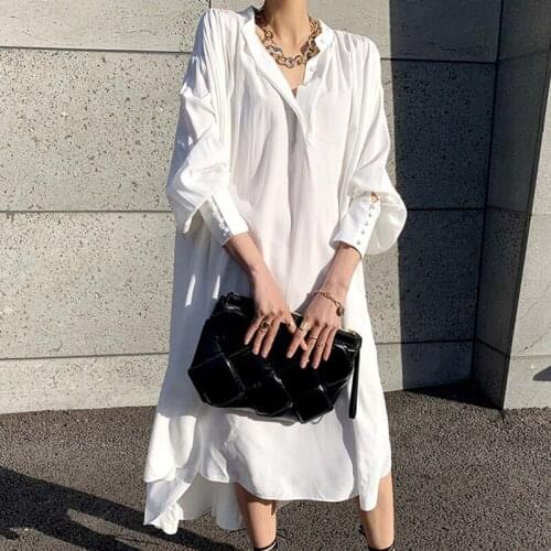 Womens dress 2021 new fashion temperament stand-up collar loose mid-length irregular split lantern sleeve white dress women