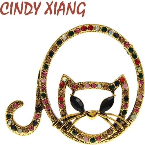 CINDY XIANG Vintage Lovely Hollow Cat Brooch Pins Girl Men Women Badge Bronze Rhinestone Animal Brooches for Women Fashion Gift