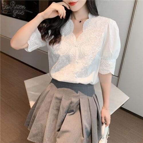 Embroidery Lace Spring Femme Shirt Casual White Tops Girls Blouse Women Long Sleeve Linen Cotton Plus Size Women Blouses 13102