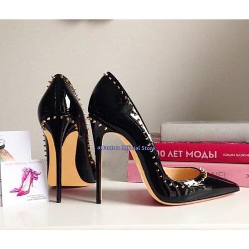 12cm Heeled Golden Rivets Thin High Heel Pumps Pointy Toe Slip on Ladies Dress Shoes Designer High Heel Shoes Mujer