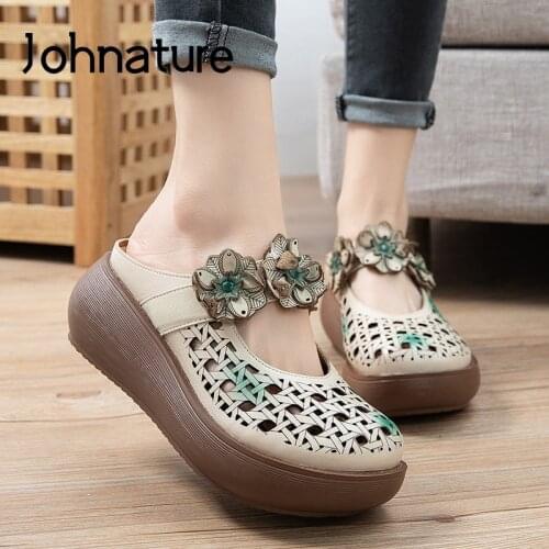 Johnature Genuine Leather Platform Slippers Women Shoes 2021 New Summer Slides Wedges Floral Outside Wear Hollow Ladies Slippers