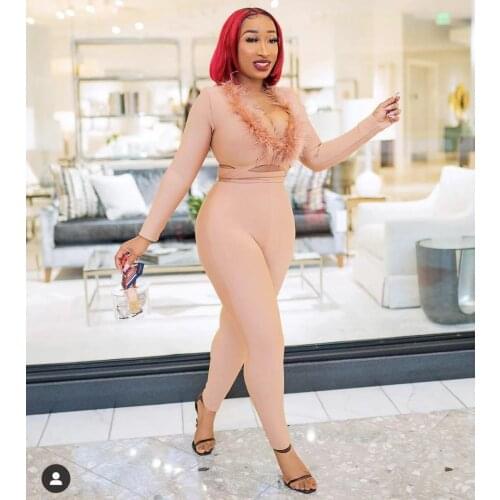 2021 High Quality Women Two Piece Bandage Set Sexy V-neck Long Sleeve Hollow Feather Top & Pencil Pants Fashion Two-piece Set