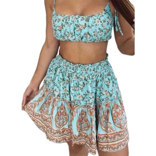Women Boho Floral Print Skirts Set 2020 Fashion Summer Bandage Strap Spaghetti strap Cropped Top+ Mini Skirts Gypsy Beachwear