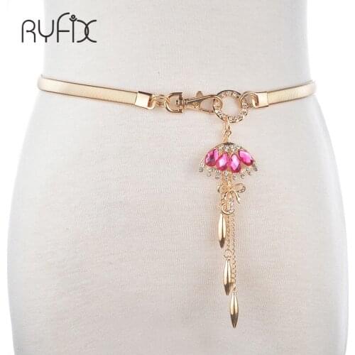 Women Elastic Metal Chain Belt Buckle Thin Elastic Waist Golden dress belt Waist Belt Gold with key flora pendant tassel BL260