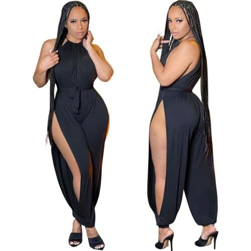 Womens Sleeveless Tie Waist Side Slit Halter Neck Long Harem Pants Jumpsuit Rompers Party Clubwear Outfits