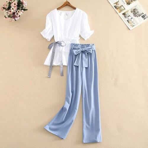 Womens Clothing 2021 Summer White Short Sleeve Shirt Blouse + Ankle Length Wide Leg Pants Suits Two Piece Sets Outfits Y800