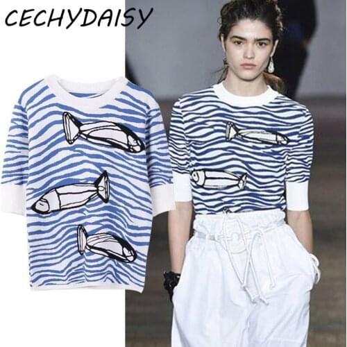 Runway 2020 Summer Sweater Women Animal Blue Plus Size Fish Pullover Jumper Knitted Tee Top zaful sueter mujer vetement femme