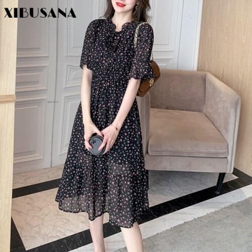 Women Retro Printed Dresses Short Sleeve Dress 2021 Summer Freach Floral Pleated Dresses Female Bow Collar Chiffon Dress Fashion