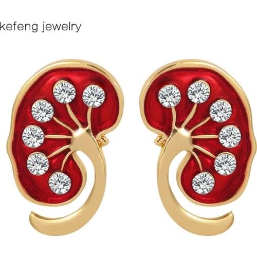 1 Pair Kidney Shape Pin Medical Jewelry as Gift for Nephrologist/Doctors Red Crystal Enamel Jewellery Women Lapel Pin Shirt Bag