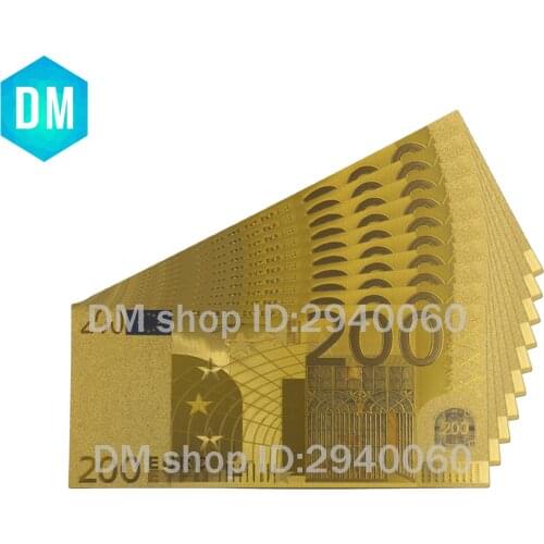 10pcs/lot Collectibles Color 24K Gold Banknotes 200 Euro Banknote Large in Stock Free Shipping