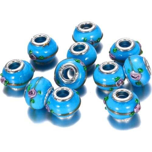 10Pcs Blue Flower Murano Glass Charms Clip Spacer Charm Beads Big Hole Round Waist Beads for Jewelry Making Fit Pandora Bracelet
