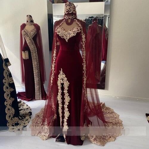 2021 Burgundy Karakou Algerian Caftan Mermaid Evening Dresses With Lace Shawal gold sleeves sweetheart Velvet Prom Dress Party